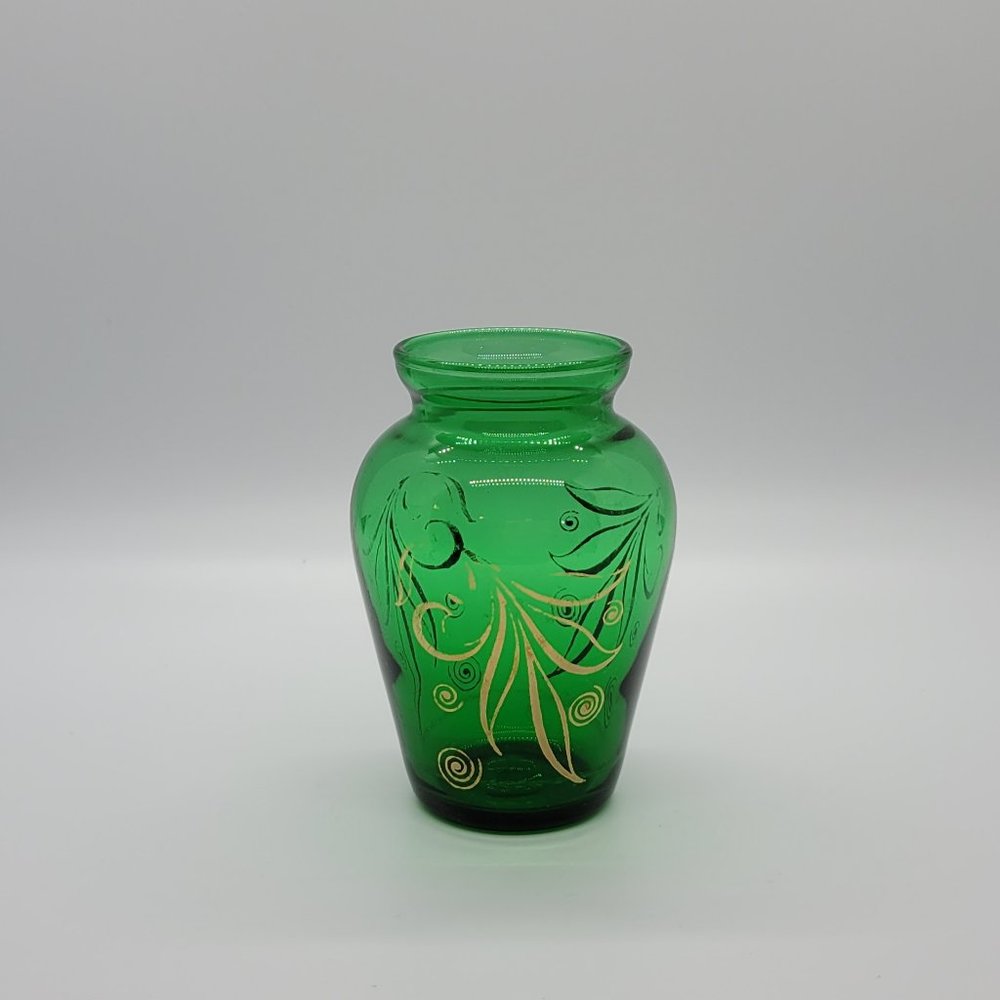 Vintage Green Glass Vase Gold Overlay Small